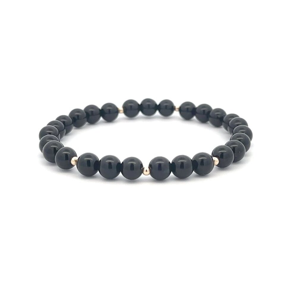 Onyx Gemstone Beaded Stretch Bracelet with 14K Gold Accent Beads Handmade